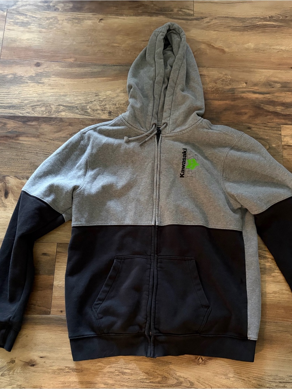 Fox Gray and Black Colorblock Zip Hoodie with Green Chest Logo
